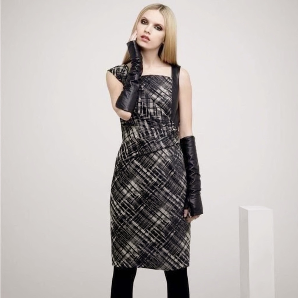 Lafayette 148 • Vania Sheath Dress color block black leather brown draped fitted